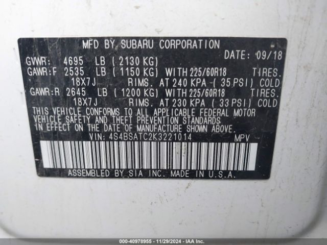 Photo 8 VIN: 4S4BSATC2K3221014 - SUBARU OUTBACK 