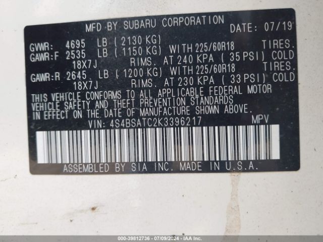 Photo 8 VIN: 4S4BSATC2K3396217 - SUBARU OUTBACK 