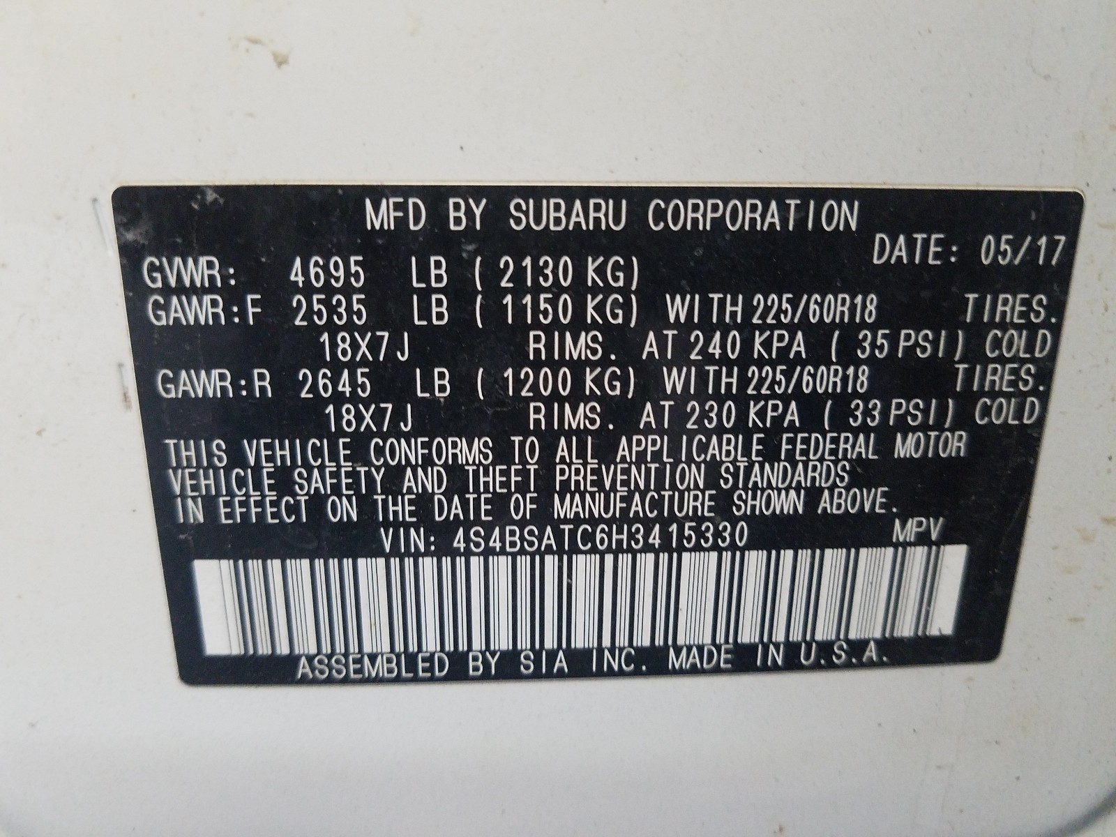 Photo 9 VIN: 4S4BSATC6H3415330 - SUBARU OUTBACK TO 