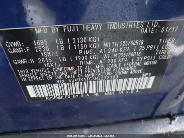 Photo 8 VIN: 4S4BSATC8H3332109 - SUBARU OUTBACK 