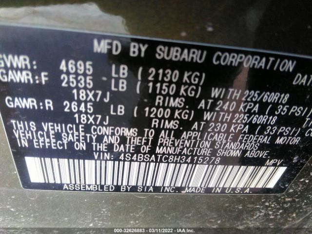 Photo 8 VIN: 4S4BSATC8H3415278 - SUBARU OUTBACK 