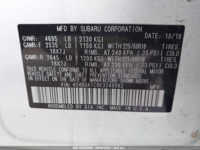 Photo 8 VIN: 4S4BSATC8K3249982 - SUBARU OUTBACK 