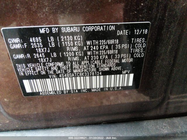 Photo 8 VIN: 4S4BSATC8K3278124 - SUBARU OUTBACK 