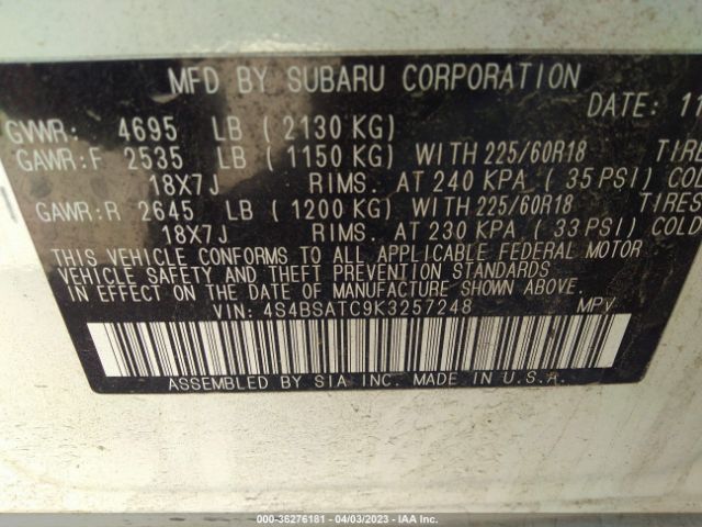 Photo 8 VIN: 4S4BSATC9K3257248 - SUBARU OUTBACK 