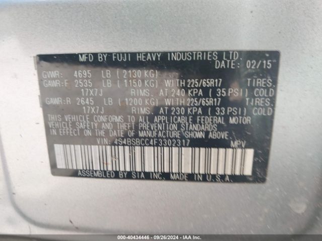 Photo 8 VIN: 4S4BSBCC4F3302317 - SUBARU OUTBACK 