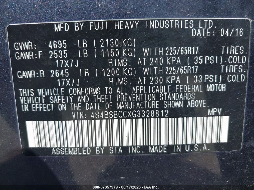 Photo 8 VIN: 4S4BSBCCXG3328812 - SUBARU OUTBACK 