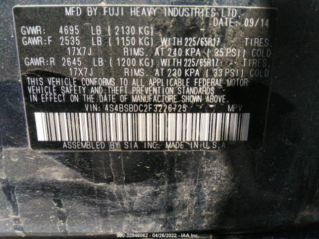 Photo 8 VIN: 4S4BSBDC2F3226725 - SUBARU OUTBACK 