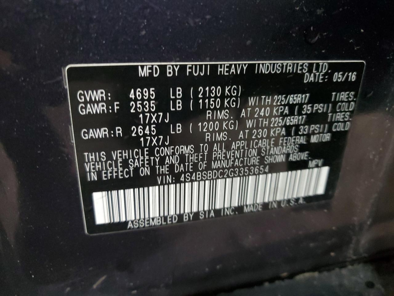 Photo 12 VIN: 4S4BSBDC2G3353654 - SUBARU OUTBACK 