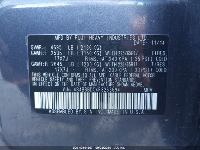 Photo 8 VIN: 4S4BSBDC4F3263694 - SUBARU OUTBACK 