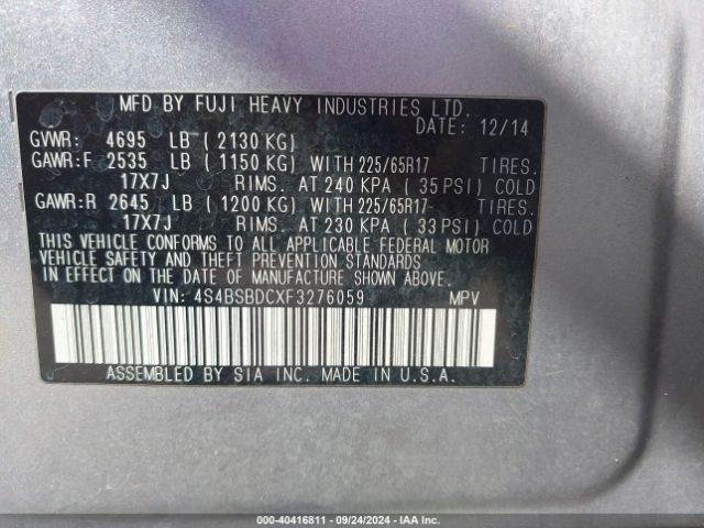 Photo 8 VIN: 4S4BSBDCXF3276059 - SUBARU OUTBACK 