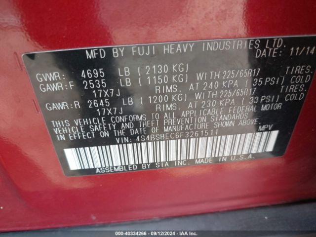 Photo 8 VIN: 4S4BSBEC6F3261511 - SUBARU OUTBACK 