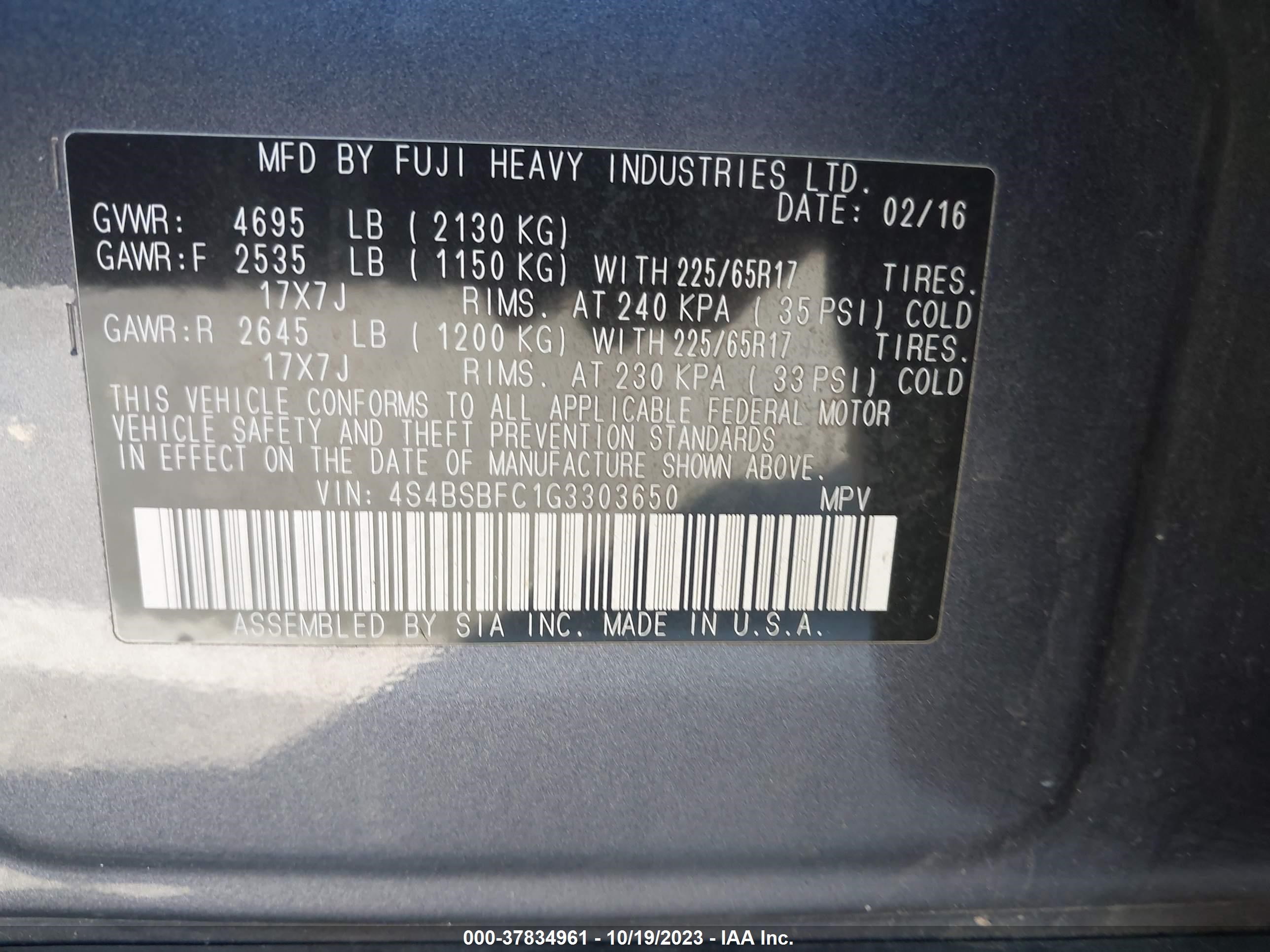 Photo 8 VIN: 4S4BSBFC1G3303650 - SUBARU OUTBACK 