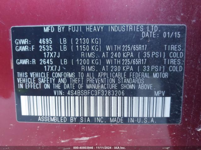 Photo 8 VIN: 4S4BSBFC3F3283206 - SUBARU OUTBACK 