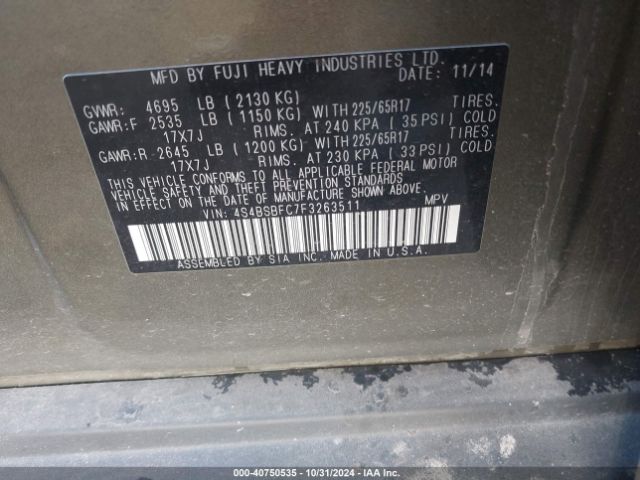 Photo 8 VIN: 4S4BSBFC7F3263511 - SUBARU OUTBACK 