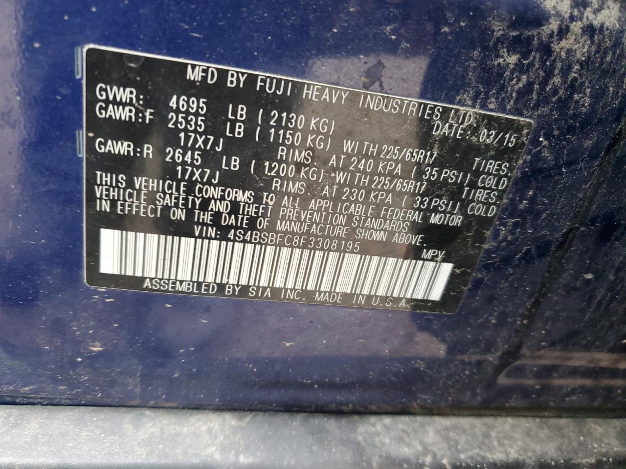 Photo 11 VIN: 4S4BSBFC8F3308195 - SUBARU OUTBACK 