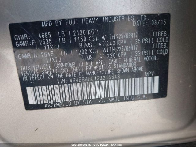 Photo 8 VIN: 4S4BSBHC1G3215548 - SUBARU OUTBACK 