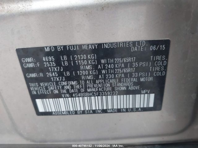 Photo 8 VIN: 4S4BSBHC5F3359232 - SUBARU OUTBACK 