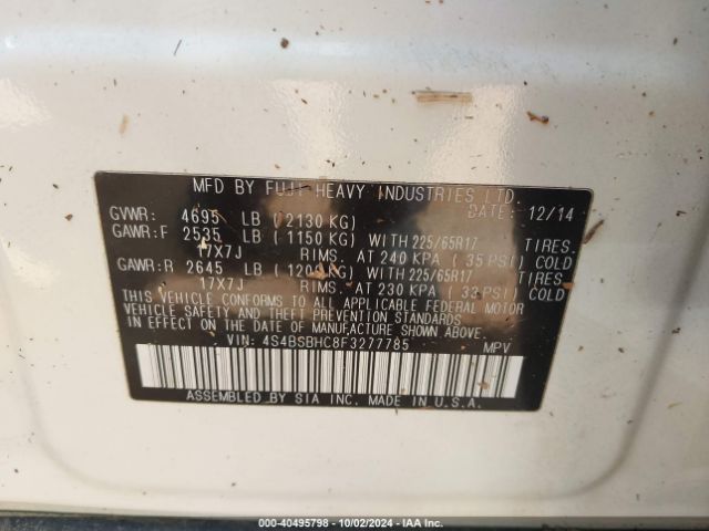 Photo 8 VIN: 4S4BSBHC8F3277785 - SUBARU OUTBACK 