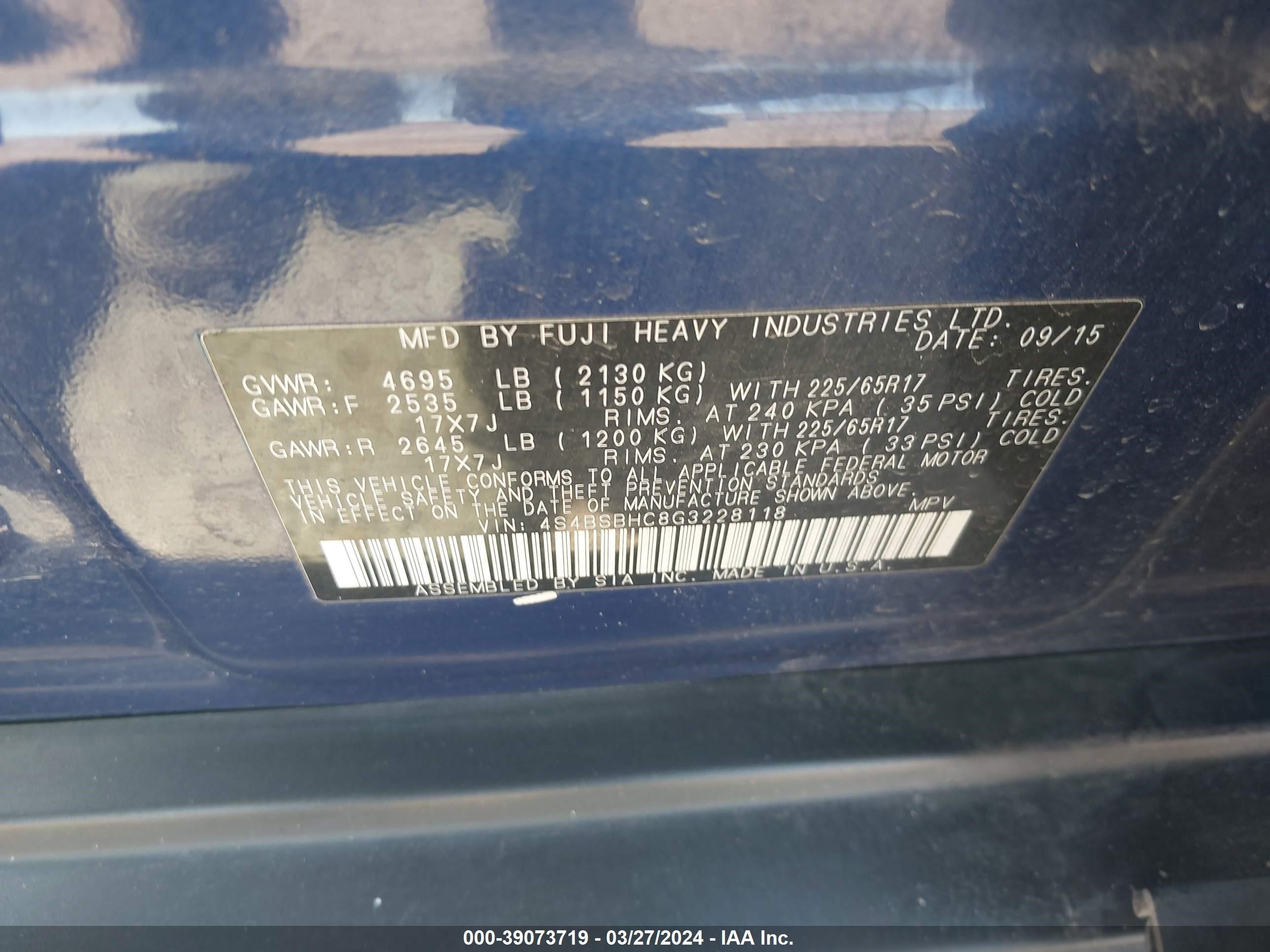 Photo 8 VIN: 4S4BSBHC8G3228118 - SUBARU OUTBACK 