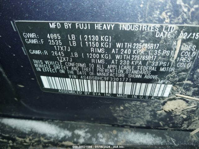 Photo 8 VIN: 4S4BSBHC9F3301771 - SUBARU OUTBACK 