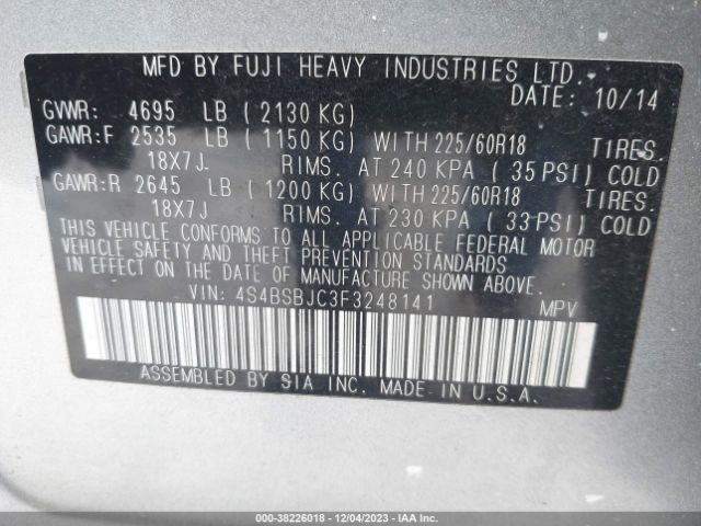 Photo 8 VIN: 4S4BSBJC3F3248141 - SUBARU OUTBACK 