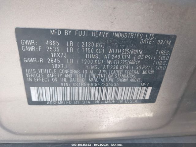 Photo 8 VIN: 4S4BSBJC8F3235935 - SUBARU OUTBACK 