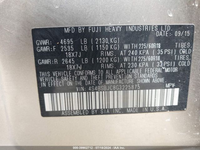 Photo 8 VIN: 4S4BSBJC8G3225875 - SUBARU OUTBACK 