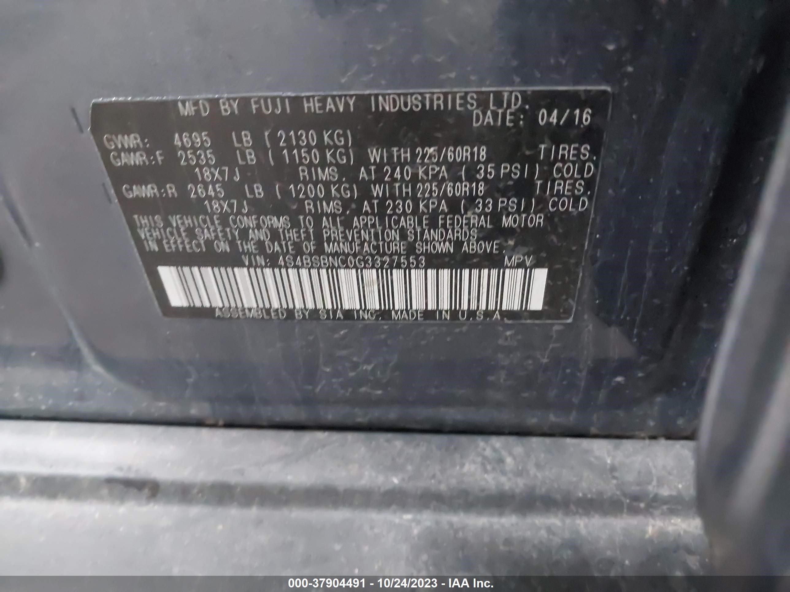 Photo 8 VIN: 4S4BSBNC0G3327553 - SUBARU OUTBACK 