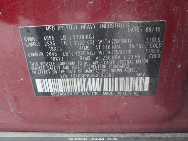 Photo 8 VIN: 4S4BSBNC1G3233388 - SUBARU OUTBACK 