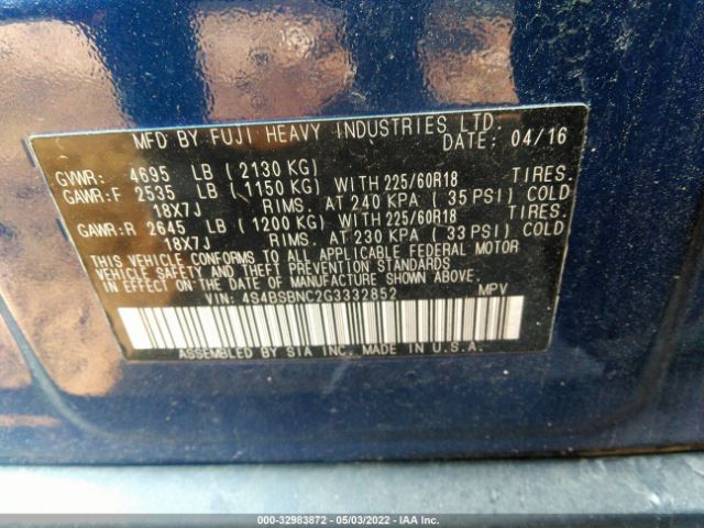 Photo 8 VIN: 4S4BSBNC2G3332852 - SUBARU OUTBACK 