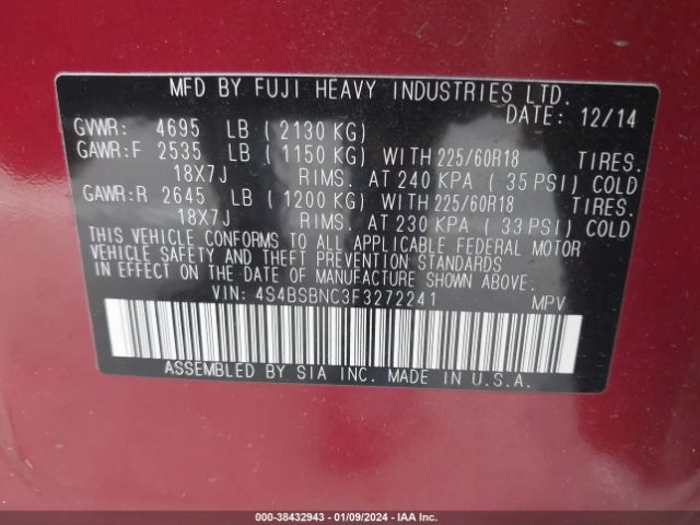 Photo 8 VIN: 4S4BSBNC3F3272241 - SUBARU OUTBACK 