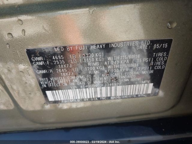 Photo 8 VIN: 4S4BSBNC3F3346922 - SUBARU OUTBACK 