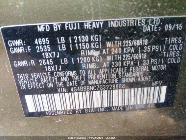 Photo 8 VIN: 4S4BSBNC7G3228888 - SUBARU OUTBACK 