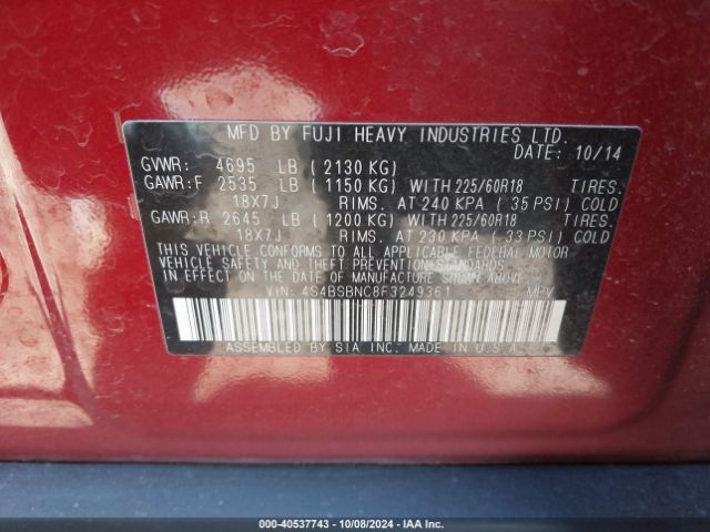 Photo 8 VIN: 4S4BSBNC8F3249361 - SUBARU OUTBACK 