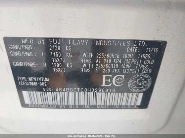 Photo 8 VIN: 4S4BSCTC8H3296918 - SUBARU OUTBACK 