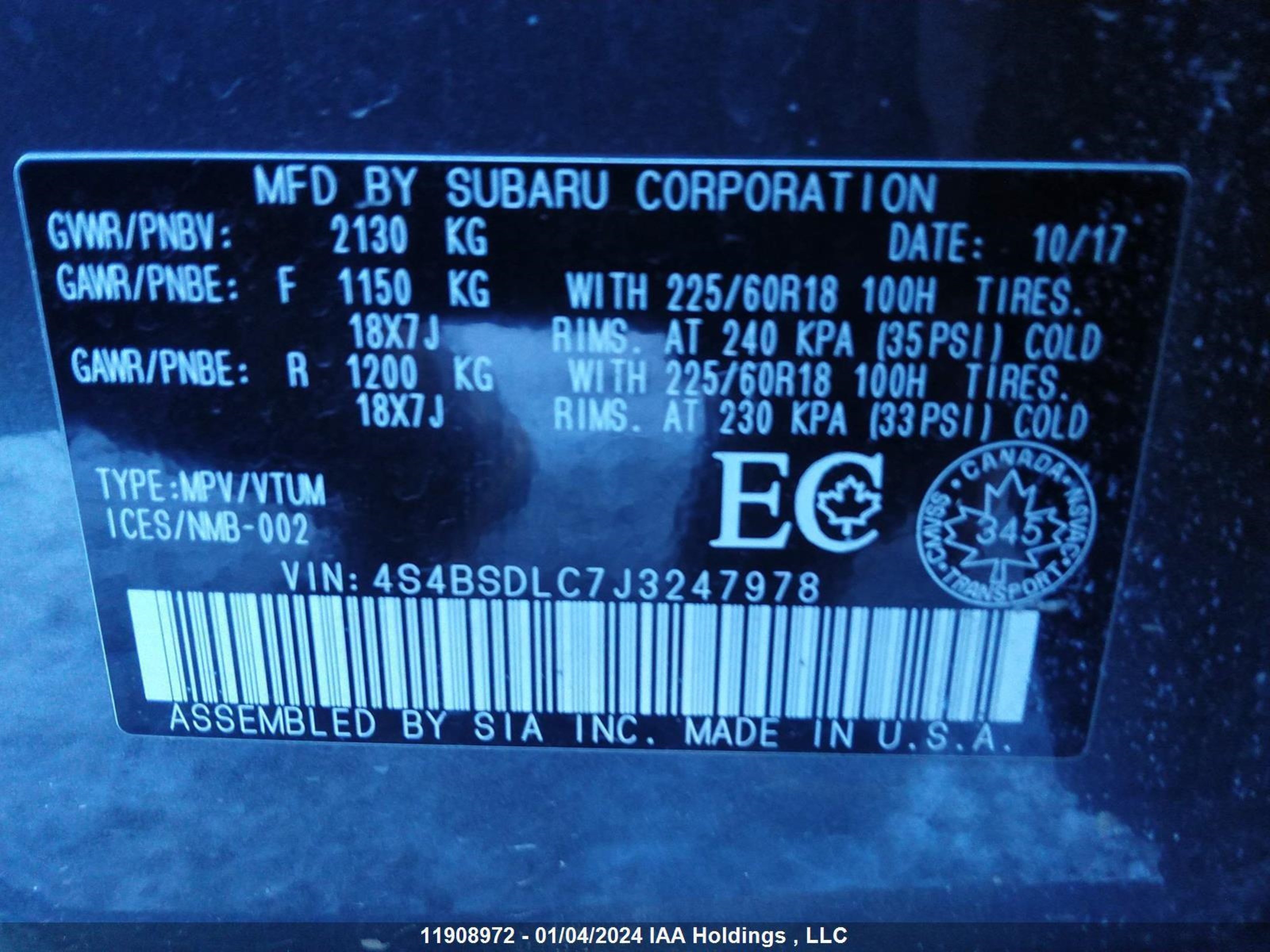 Photo 8 VIN: 4S4BSDLC7J3247978 - SUBARU OUTBACK 