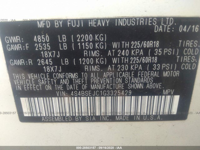 Photo 8 VIN: 4S4BSEJC1G3325429 - SUBARU OUTBACK 