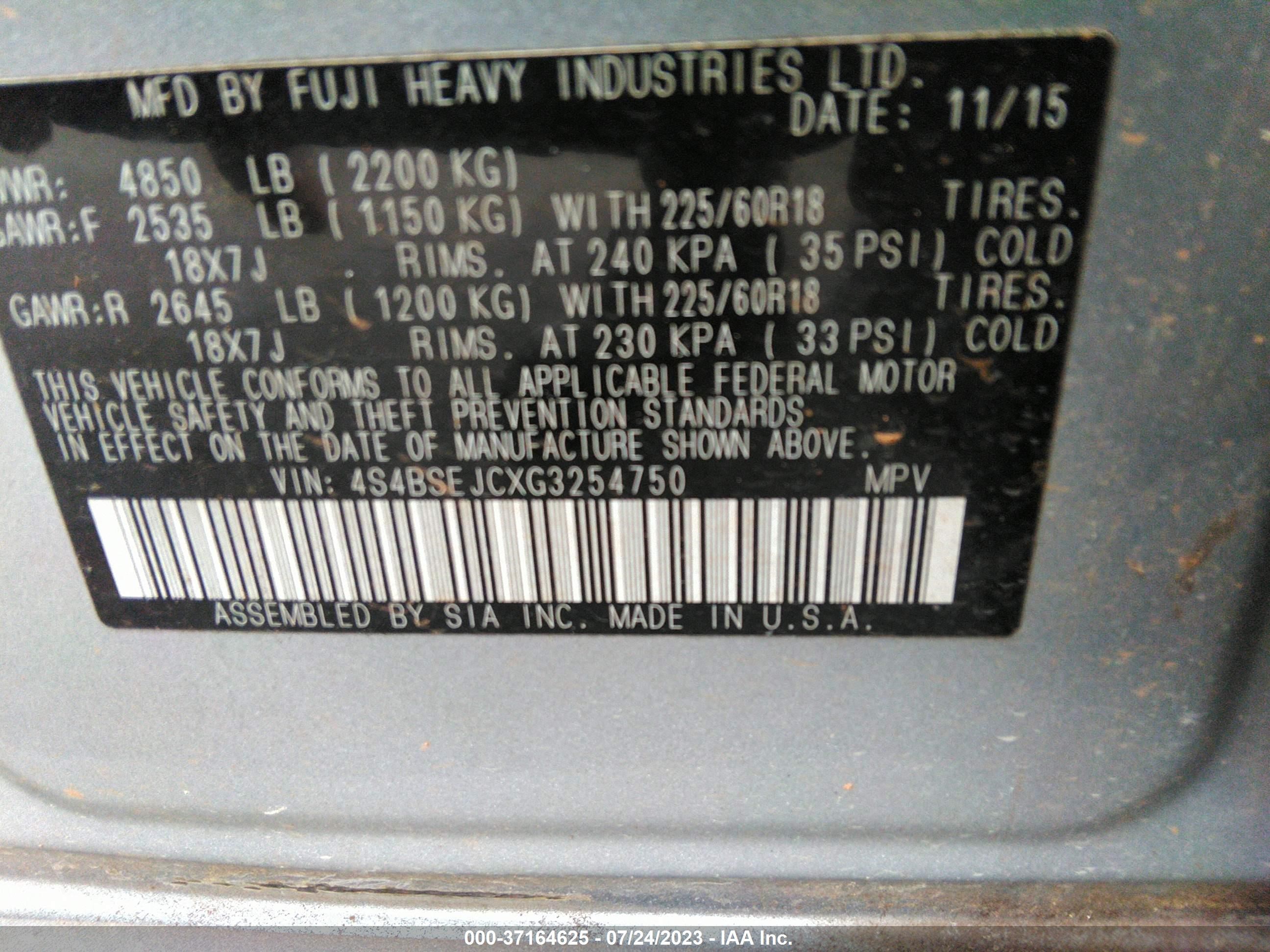 Photo 8 VIN: 4S4BSEJCXG3254750 - SUBARU OUTBACK 