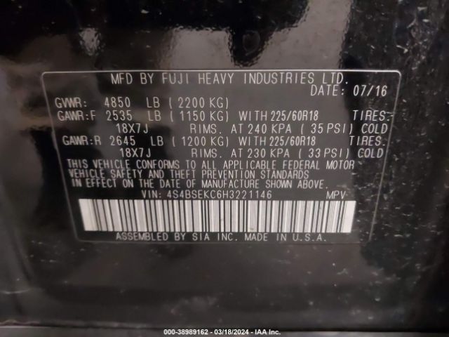 Photo 8 VIN: 4S4BSEKC6H3221146 - SUBARU OUTBACK 