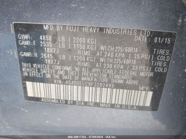 Photo 8 VIN: 4S4BSELC9F3282499 - SUBARU OUTBACK 