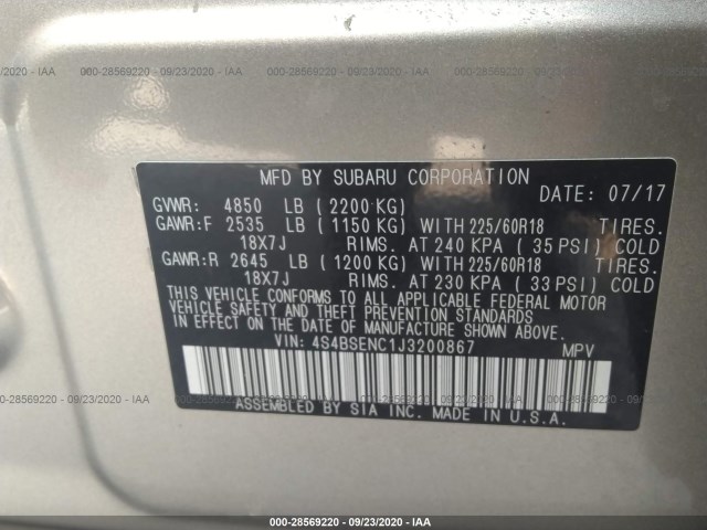 Photo 8 VIN: 4S4BSENC1J3200867 - SUBARU OUTBACK 