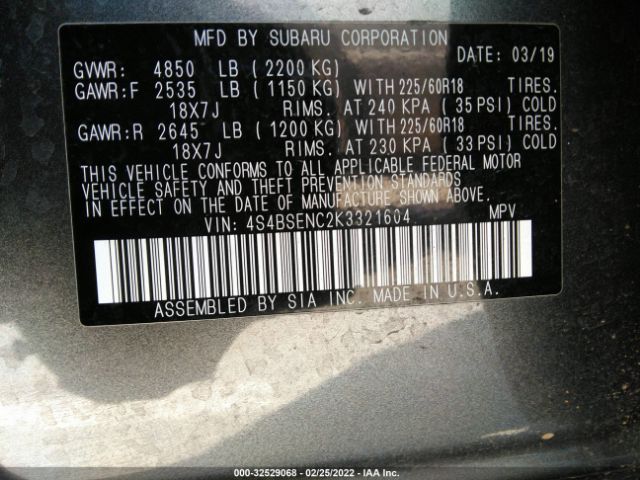 Photo 8 VIN: 4S4BSENC2K3321604 - SUBARU OUTBACK 