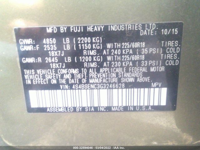 Photo 8 VIN: 4S4BSENC3G3246628 - SUBARU OUTBACK 