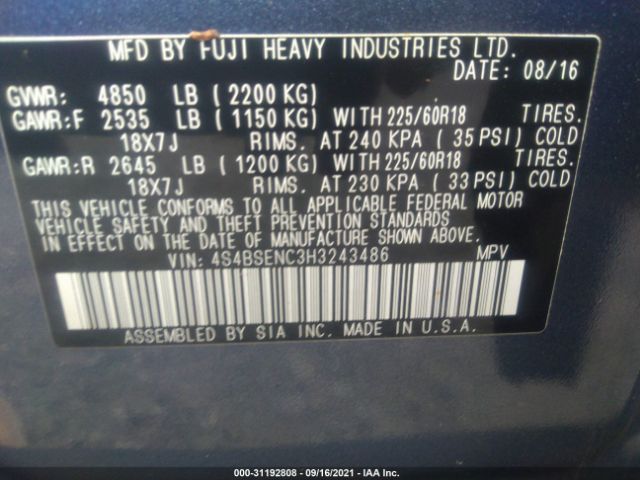 Photo 8 VIN: 4S4BSENC3H3243486 - SUBARU OUTBACK 