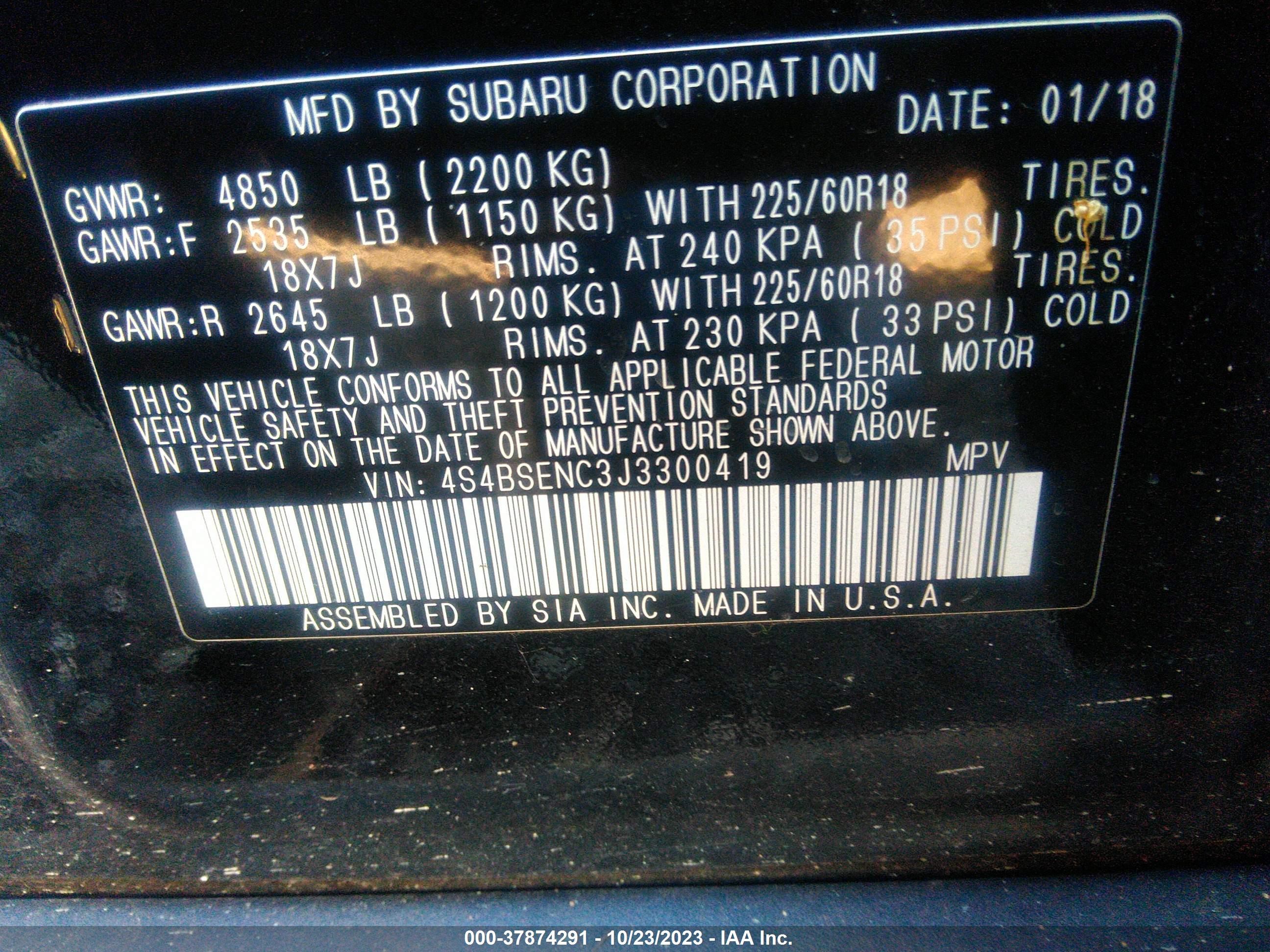 Photo 8 VIN: 4S4BSENC3J3300419 - SUBARU OUTBACK 