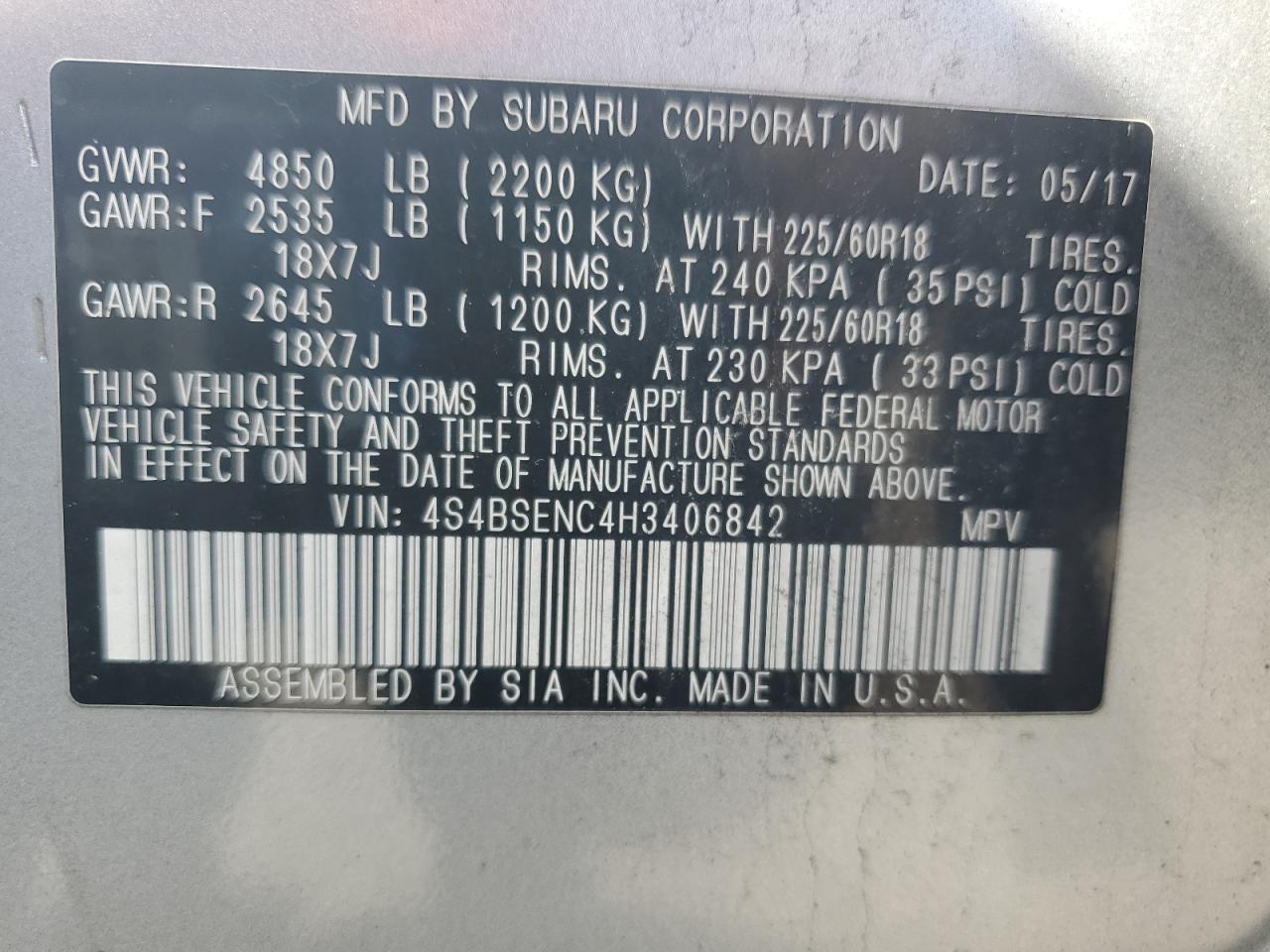 Photo 11 VIN: 4S4BSENC4H3406842 - SUBARU OUTBACK 