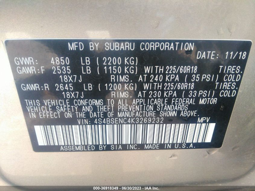 Photo 8 VIN: 4S4BSENC4K3269232 - SUBARU OUTBACK 