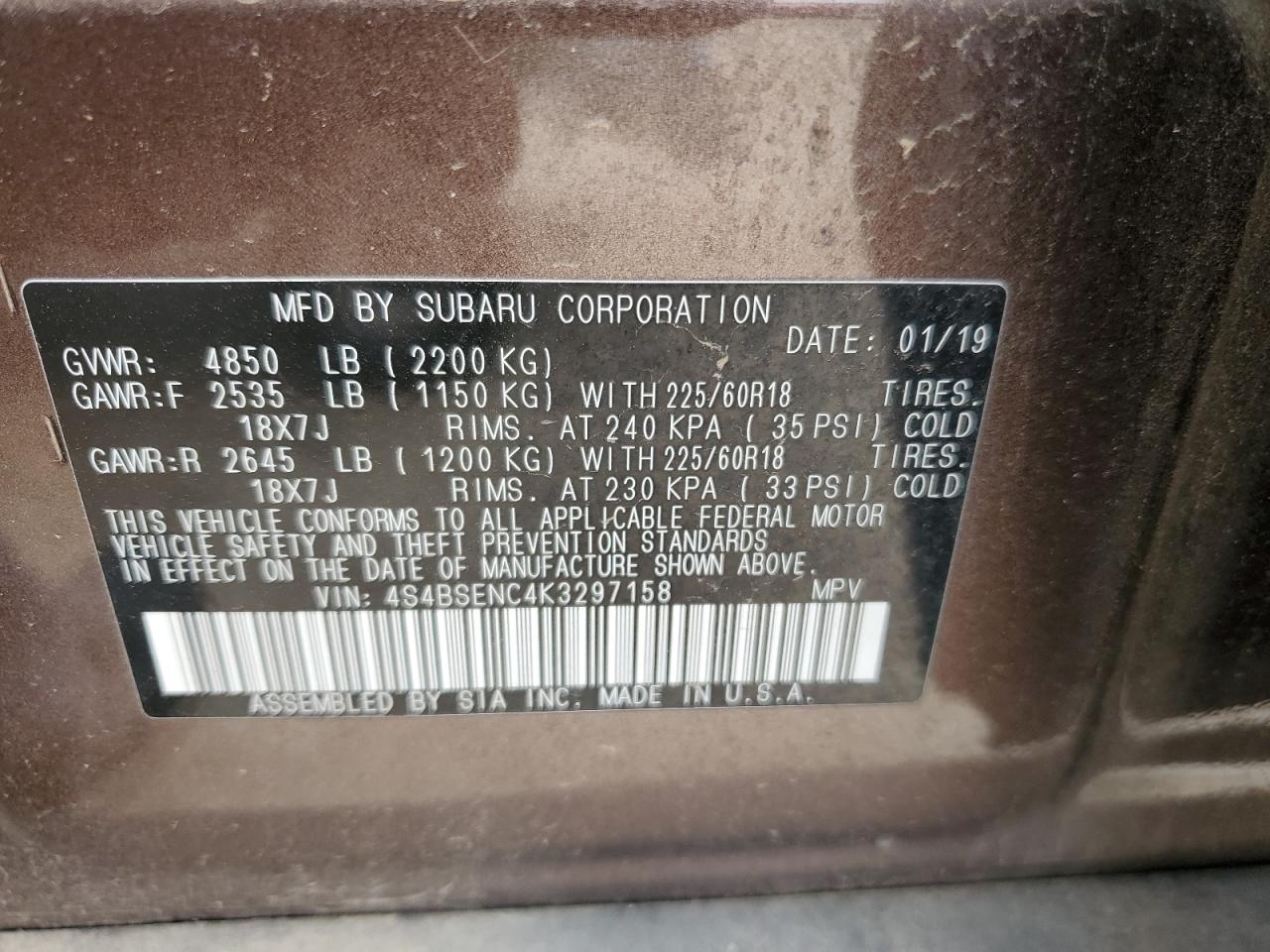 Photo 12 VIN: 4S4BSENC4K3297158 - SUBARU OUTBACK 