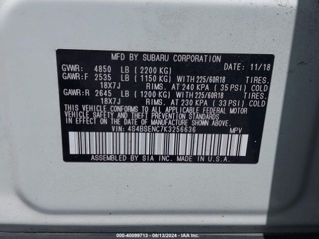 Photo 8 VIN: 4S4BSENC7K3256636 - SUBARU OUTBACK 