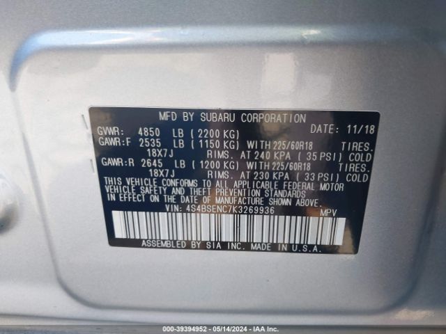 Photo 8 VIN: 4S4BSENC7K3269936 - SUBARU OUTBACK 